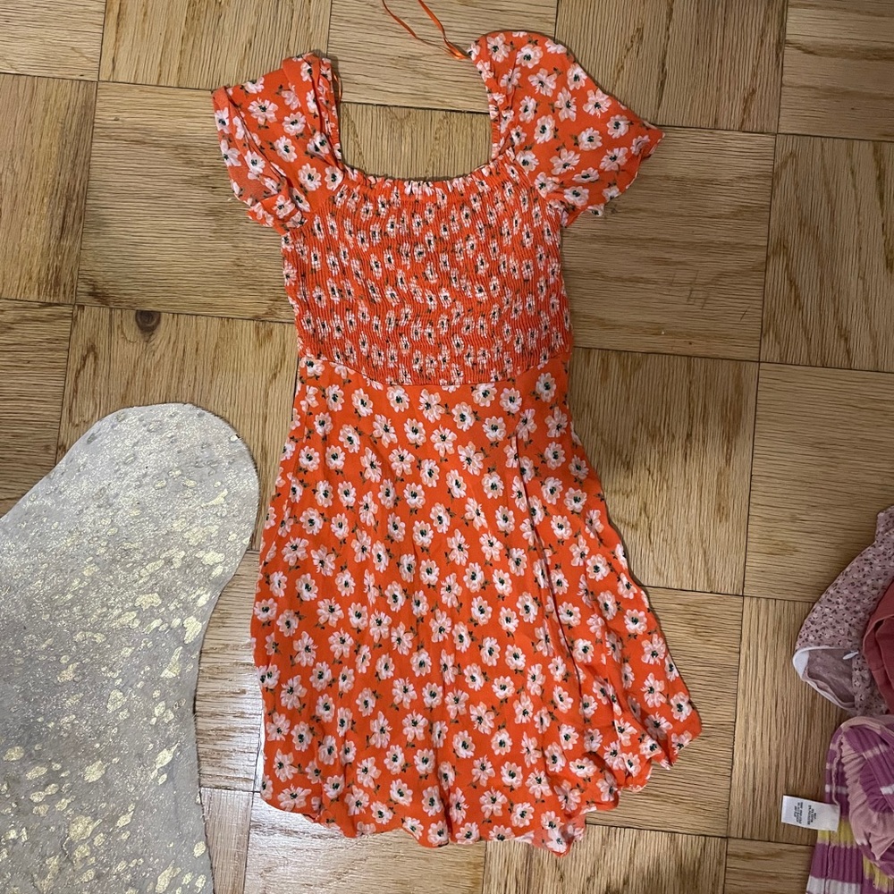 Zara smocked mini dress in orange floral xs